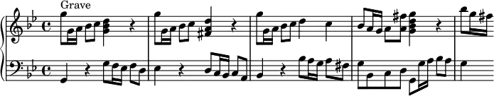 
\version "2.18.2"
\header {
  tagline = ##f
  % composer = "Domenico Scarlatti"
  % opus = "K. 88"
  % meter = "Grave"
}

%% les petites notes
%trillBesp     = { \tag #'print { bes4.\prall } \tag #'midi { c32 bes c bes~ bes4 } }

upper = \relative c'' {
  \clef treble 
  \key g \minor
  \time 4/4
  \tempo 4 = 52

      s8*0^\markup{Grave}
      g'8 g,16 a bes8 c < g bes d >4 r4 | g'8 g,16 a bes8 c < fis, a d >4 r4 | g'8 g,16 a bes8 c d4 c |
      % ms. 4
      bes8 a16 g a8 < a fis' > < g bes d g >4 r4 | bes'8 g16 fis
      % ms. 7
      

}

lower = \relative c' {
  \clef bass
  \key g \minor
  \time 4/4

    % ************************************** \appoggiatura a16  \repeat unfold 2 {  } \times 2/3 { }   \omit TupletNumber 
      g,4 r4 g'8 f16 ees f8 d | ees4 r4 d8 c16 bes c8 a | bes4 r4 bes'8 a16 g a8 fis |
      % ms. 4
      g8 bes, c d g, g'16 a bes8 a | g4
      % ms. 7
      

}

thePianoStaff = \new PianoStaff <<
    \set PianoStaff.instrumentName = #""
    \new Staff = "upper" \upper
    \new Staff = "lower" \lower
  >>

\score {
  \keepWithTag #'print \thePianoStaff
  \layout {
      #(layout-set-staff-size 17)
    \context {
      \Score
     \override TupletBracket.bracket-visibility = ##f
     \override SpacingSpanner.common-shortest-duration = #(ly:make-moment 1/2)
      \remove "Metronome_mark_engraver"
    }
  }
}

\score {
  \keepWithTag #'midi \thePianoStaff
  \midi { \set Staff.midiInstrument = #"harpsichord" }
}
