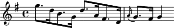 
\header {
  tagline = ##f
}

\score {
  \new Staff \with {

  }
<<
  \relative c'' {
    \key g \major
    \time 4/4
    \override TupletBracket #'bracket-visibility = ##f 
    \autoBeamOff

     %%%%%%%%%%%%%%%%%%%%%%%%%% K9
     g'8.[ d16 b8. g16] d'8.[ a16 fis8. d16] \grace a'16( g8.[) fis16] g4

  }
>>
  \layout {
    \context {
      \remove "Metronome_mark_engraver"
    }
  }
  \midi {}
}
