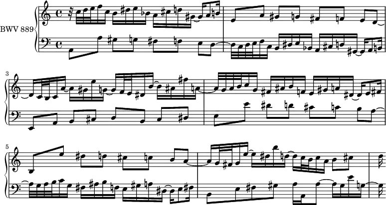 
\version "2.18.2"
\header {
  tagline = ##f
}

Thema = { c32 d e f16 c b dis e bes a cis d gis,~ gis a8 b16 }

upper = \relative c'' {
  \clef treble 
  \key a \minor
  \time 4/4
  \tempo 4 = 56 % les tempos sont ceux de Keller (en général)
  \set Staff.midiInstrument = #"harpsichord" 

   %% PRÉLUDE CBT II-20, BWV 889, la mineur
   r32 \Thema e,8 a gis[ g] fis f e[ d~] | d16 c32 b c16 a'~ a gis e' g,~ g f32 e dis16 b'~ b ais fis' a,~ a32 \transpose c g { \relative c' \Thema } b,8 e' dis[ d] cis c b[ a~] a16 g32 fis g16 e'~ e dis b' d,~ d c32 b c16 a b8 cis d16
   
}

lower = \relative c {
  \clef bass 
  \key a \minor
  \time 4/4
  \set Staff.midiInstrument = #"harpsichord" 
    
   a8 a' gis[ g] fis f e[ d~] d32 \Thema e,8 a b[ cis] d b cis[ dis] e e' dis[ d] cis c b[ a~] a32 \transpose c g { \relative \Thema } b,8 e fis gis a16 a, a'8~ a16 gis e' g,~ g
    
} 

\score {
  \new PianoStaff <<
    \set PianoStaff.instrumentName = #"BWV 889"
    \new Staff = "upper" \upper
    \new Staff = "lower" \lower
  >>
  \layout {
    \context {
      \Score
      \remove "Metronome_mark_engraver"
      \override SpacingSpanner.common-shortest-duration = #(ly:make-moment 1/2) 
    }
  }
  \midi { }
}
