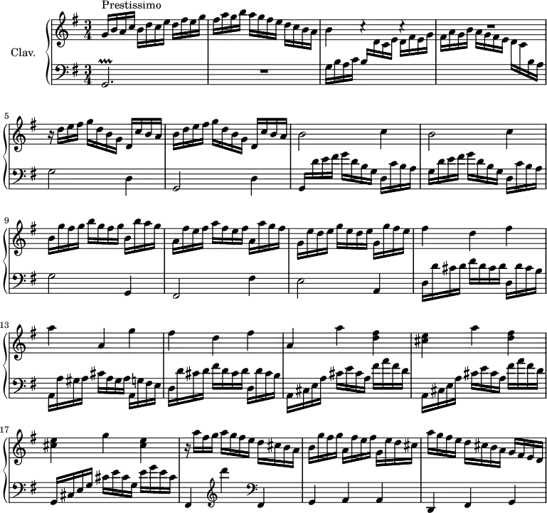 
\version "2.18.2"
\header {
  tagline = ##f
  % composer = "Domenico Scarlatti"
  % opus = "K. 348"
  % meter = "Prestissimo"
}

%% les petites notes
trillGb     = { \tag #'print { g,2.\prallprall } \tag #'midi { \repeat unfold 4 { a32 g a g~ } g4 } }

upper = \relative c'' {
  \clef treble 
  \key g \major
  \time 3/4
  \tempo 4 = 92

      s8*0^\markup{Prestissimo}
      g16 b a c  b d c e d fis e g | fis a g b a g fis e d c b a | b4 c4\rest c4\rest | 
      % ms. 4
      R2. | r16 d16 e fis g d b g d c' b a | b d e fis g d b g d c' b a |
      % ms. 7
      \repeat unfold 2 { b2 c4 } | b16 g' fis g b g fis g b, b' a g |
      % ms. 10
      a, fis' e fis a fis e fis a, a' g fis | g, e' d e g e d e g, g' fis e | fis4 d fis |
      % ms. 13
      a4 a, g' | fis d fis | a, a' < d, fis >
      % ms. 16
      < cis e >4 a' < d, fis > | < cis e > g' < cis, e > | r16 a'16 fis g a g fis e d cis b a |
      % ms. 19
      b16 g' fis g a, fis' e fis g, e' d cis | a' g fis e d cis b a g fis e d | % a'4 a' < d, fis > |
      % ms. 22
      % < cis e >4 a' < d, fis > | < cis e > g' < cis, e > |
      % ms. 26
      

}

lower = \relative c' {
  \clef bass
  \key g \major
  \time 3/4

    % ************************************** \appoggiatura a16  \repeat unfold 2 {  } \times 2/3 { }   \omit TupletNumber 
      \trillGb | R2. | g'16 b a  c \stemUp b  \stemDown \change Staff = "upper"  d c e d fis e g |
      % ms. 4
      fis a g b a g fis e d c \change Staff = "lower" b a \stemNeutral | g2 d4 | g,2 d'4 \stemUp |
      % ms. 7
      g,16 \stemNeutral  d'' e fis g d b g d c' b a | g d' e fis g d b g d c' b a | g2 g,4 |
      % ms. 10
      fis2 fis'4 | e2 a,4 | d16 d' cis d fis d cis d d, d' cis b | 
      % ms. 13
      a,16 a' gis a cis a gis a a, g' fis e | d d' cis d  fis d cis d  d, d' cis b | \repeat unfold 2 { a, cis e a  cis e cis a  fis' a fis d } |
      % ms. 17
      g,,16 cis e g cis e cis g e' g e cis | fis,,4   \clef treble  d''''   \clef bass fis,,,, |
      % ms. 19
      g a a | d, fis g | % \repeat unfold 2 { a16 cis e a  cis e cis a  fis' a fis d } |
      % ms. 23
      % g,,16 cis e g cis e cis g e' g e cis | fis,,4  \clef treble  d''''  \clef bass fis,,,, | g a a |
      % ms. 26
      % \repeat unfold 3 { d,4 fis a } | d,2. %repet

}

thePianoStaff = \new PianoStaff <<
    \set PianoStaff.instrumentName = #"Clav."
    \new Staff = "upper" \upper
    \new Staff = "lower" \lower
  >>

\score {
  \keepWithTag #'print \thePianoStaff
  \layout {
      #(layout-set-staff-size 17)
    \context {
      \Score
     \override TupletBracket.bracket-visibility = ##f
     \override SpacingSpanner.common-shortest-duration = #(ly:make-moment 1/2)
      \remove "Metronome_mark_engraver"
    }
  }
}

\score {
  \keepWithTag #'midi \thePianoStaff
  \midi { \set Staff.midiInstrument = #"harpsichord" }
}
