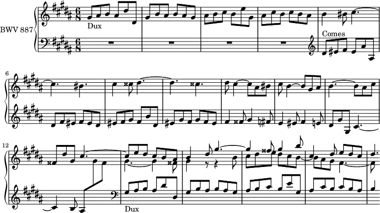 
\version "2.18.2"
\header {
  tagline = ##f
}

DuxNotes   = { gis8 ais b ais dis dis, | gis b ais b ais gis | ais b cis b e gis, | ais cis b cis b ais }
Dux        = { s8*0_\markup{Dux} \DuxNotes }
Comes      = { s8*0^\markup{Comes} \transpose gis dis' \relative \DuxNotes }

upper = \relative c'' {
  \clef treble 
  \key gis \minor
  \time 6/8
  \tempo 4. = 98
  \set Staff.midiInstrument = #"harpsichord" 

   %% FUGUE CBT II-18, BWV 887, sol-dièse mineur
   \Dux b4 bis8 cis4.~ | cis bis cis4 cisis8 dis4.~ dis cisis | dis8 cis4~ cis8 ais bis | cis b4~ b8 gis ais

   %% ms. 11
   b4.~ b8 ais cis | 
   << { fisis, dis' gis, cis4.~ cis8 e dis cis b ais | b4 dis8 gis4.~ gis4 fisis8 gis4 b8 cis,4 dis8 e dis cis | dis4.*1/3 } \\ { s2. gis,4.~ gis4 fisis8 gis4 r8 r4 b8 | cis dis e dis cis b~ | b ais gis fis4.~ | fis8 } >>
   
}

lower = \relative c' {
  \clef bass 
  \key gis \minor
  \time 6/8
  \set Staff.midiInstrument = #"harpsichord" 

   R2.*4
   \clef treble \relative c'' { \Comes } fis4 fisis8 gis4 fis8 e4 eis8 fis4 e8 | dis gis gis, cis4.~ | cis4 b8 ais8  \stemDown \change Staff = "upper"  gis' fisis \stemUp \change Staff = "lower"
   \clef bass \relative c'
   \Dux b,4*1/2
} 

\score {
  \new PianoStaff <<
    \set PianoStaff.instrumentName = #"BWV 887"
    \new Staff = "upper" \upper
    \new Staff = "lower" \lower
  >>
  \layout {
    \context {
      \Score
      \remove "Metronome_mark_engraver"
    }
  }
  \midi { }
}
