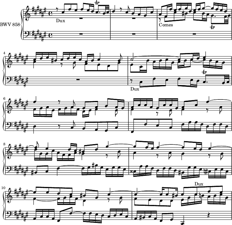 
\version "2.18.2"
\header {
  tagline = ##f
}

Trillcishp   = { \tag #'print { cis8.\trill } \tag #'midi { dis32 cis dis cis dis cis }  }
Trillgishp   = { \tag #'print { gis8.\trill } \tag #'midi { ais32 gis ais gis ais gis }  }

Dux   = { r8_\markup{Dux} cis8 fis eis fis eis16 dis \Trillcishp b32 cis dis4 r8 cis8 b ais gis cis }
Comes = { r8_\markup{Comes} fis8 cis' bis cis bis16 ais \Trillgishp fis32 gis ais4 r8 gis8 fis eis dis gis eis }

upper = \relative c'' {
  \clef treble 
  \key fis \major
  \time 4/4
  \tempo 4 = 69
  \set Staff.midiInstrument = #"harpsichord" 

   %% FUGUE CBT I-13, BWV 858, fa-dièse majeur
   << { \Dux ais8 fis16 fis' eis fis gis dis eis fis gis8~ gis16 fis eis dis cis dis eis bis cis dis eis cis ais bis cis4 bis8 cis2~ cis8 cis16 dis eis4 fis r8 ais,8 gis ais b ais16 gis | ais cis cis ais gis cis cis gis ais8 cis fis4~ fis8 eis4 dis16 cis bis8 dis gis4~ gis8 fis16 eis fis4~ fis8 eis16 dis eis4~ eis8 eis dis cis bis gis cis4~ cis~ cis16 cis8 bis16 cis8 cis-\markup{Dux} fis eis } \\ { R1*2 \relative c' \Comes cis,16 b' ais b cis gis ais b cis8~ cis16 b ais gis fis gis ais eis fis gis ais fis dis eis fis4 eis8 | fis4 r8 eis8 fis4 r8 ais8 | dis16 gis, gis cis ais fis fis ais gis4 r8 bis8 ais4 r8 ais8 gis4 r8 gis8  fis4~ fis16 gis ais fis dis4 r8 gis8 fis eis dis dis eis16 gis cis b ais  b cis gis } >>

}

lower = \relative c {
  \clef bass 
  \key fis \major
  \time 4/4
  \set Staff.midiInstrument = #"harpsichord" 
    
   R1*4 \Dux fis,8 fis' eis cis fis16 ais ais fis dis fis fis dis bis8 cis fis4~ fis16 gis bis gis eis gis gis eis cisis ais' ais fis dis fis fis dis bis gis' gis eis cis eis eis cis ais cis cis ais fis8 fis'~ fis16 fis eis dis cis dis eis cis ais bis cis ais fis8 gis cis,4 r4
    
} 


 thePianoStaff = \new PianoStaff <<
    \set PianoStaff.instrumentName = #"BWV 858"
    \new Staff = "upper" \upper
    \new Staff = "lower" \lower
   >>
\score {
  \keepWithTag #'print \thePianoStaff
  \layout {
    \context {
      \Score
      \remove "Metronome_mark_engraver"
      %\override SpacingSpanner.common-shortest-duration = #(ly:make-moment 1/2) 
    }
  }
}
\score {
  \keepWithTag #'midi \thePianoStaff
  \midi { }
}
