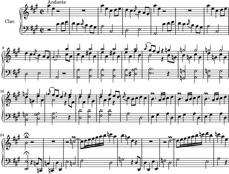 
\version "2.18.2"
\header {
  tagline = ##f
  % composer = "Domenico Scarlatti"
  % opus = "K. 404"
  % meter = "Andante"
}

%% les petites notes
trillBp        = { \tag #'print { b4.\prall } \tag #'midi { cis32 b cis b~ b4 } }
appoAbp        = { \tag #'print { \appoggiatura gis4 a2. } \tag #'midi { gis4 a2 } }
trillBb        = { \tag #'print { b2\prall\fermata } \tag #'midi { cis32 b cis b~ b8~   \tempo 2 = 50 b4   \tempo 2 = 72 } }
trillCb        = { \tag #'print { c2\prall~ } \tag #'midi { d32 c d c~ c8~ c4~ } }
trillDb        = { \tag #'print { d2\prall~ } \tag #'midi { e32 d e d~ d8~ d4~ } }

upper = \relative c'' {
  \clef treble 
  \key a \major
  \time 2/2
  \tempo 2 = 72
  \set Staff.midiInstrument = #"harpsichord"
  \override TupletBracket.bracket-visibility = ##f

      s8*0^\markup{Andante}
      a'4 e r2 | R1 | a4 e cis d8 e | d4 cis \acciaccatura cis8 b4 a8 gis | 
      % ms. 5
      a'4 e r2 | R1 | a4 e cis d8 e | d4 cis \acciaccatura cis8 b4 a8 gis | \appoAbp << { a'4 } \\ { cis,8 a } >>
      % ms. 10
      << { \repeat unfold 6 { a'2 } | \appoggiatura a16 gis8 fis e4 r4 g4 } \\ { cis,4 a dis a | e' a, dis a | e' a, fis' b, | b2 r4 b8 g } >>
      % ms. 14
      << { \repeat unfold 6 { g'2 } | \appoggiatura g16 fis8 e d4 r4 fis4 } \\ { b,4 g cis g | d' g, cis g | d' g, e' a, | a2 r4 d8 fis, } >>
      % ms. 18
      << { \repeat unfold 3 { fis'2 } fis4 e8 d } \\ { d4 fis, d' gis, | d' a b r4 }>>
      % ms. 20
      \appoggiatura d16 cis4 b8 cis d4 cis | \repeat unfold 3 { \trillBp a16 b cis4 d } | \trillBb r2 
      % ms. 25
      R1 | r2 \trillCb | c8 d16 e fis gis a b c4 a | b g d r4 | R1 |
      % ms. 30
      r2 \trillDb | d8 e16 fis gis a b c d4 b | c a e 

}

lower = \relative c' {
  \clef bass
  \key a \major
  \time 2/2
  \set Staff.midiInstrument = #"harpsichord"
  \override TupletBracket.bracket-visibility = ##f

    % ************************************** \appoggiatura a16  \repeat unfold 2 {  } \times 2/3 { }   \omit TupletNumber 
      r2 \repeat unfold 2 { cis4 d8 e | d4 cis \appoggiatura cis16 b4 a8 gis | a2 cis, | d e |
      % ms. 5
      a,2 } r2 
      % ms. 10
      < a a' >2 < b a' > | < cis a' > < b a' > | < cis a' > < dis a' b > | < e b' >2. r4 | < g, g' >2 < a g' > |
      % ms. 15
      < b g' >2 < a g' > | < b g' > < cis g' a > | < d a' >2. r4 | < d d' >2 < e d' > | < fis d' > < gis d' > |
      % ms. 20
      a2 d, | \repeat unfold 3 { e4 gis a d, } | < e, e' >2\fermata r4 c'8 c, |
      % ms. 25
      c'4 c, d' d, | e'2 c | fis d | g r4 d8 d, | d'4 d, e' e, |
      % ms. 30
      f'2 d | gis e | a r4 

}

thePianoStaff = \new PianoStaff <<
    \set PianoStaff.instrumentName = #"Clav."
    \new Staff = "upper" \upper
    \new Staff = "lower" \lower
  >>

\score {
  \keepWithTag #'print \thePianoStaff
  \layout {
      #(layout-set-staff-size 17)
    \context {
      \Score
     \override SpacingSpanner.common-shortest-duration = #(ly:make-moment 1/2)
      \remove "Metronome_mark_engraver"
    }
  }
}

\score {
  \keepWithTag #'midi \thePianoStaff
  \midi { }
}
