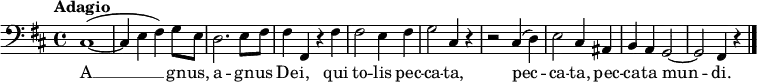 \new Staff \with {
midiInstrument = "piano"
}
{
\relative c {
\version "2.18.2"
\key b \minor
\time 4/4
\tempo "Adagio"
\clef bass
cis1 (~
cis4 e fis) g8 e
d2. e8 fis8
fis4 fis, r4 fis'
fis2 e4 fis4
g2 cis,4 r4
r2 cis4 (d4)
e2 cis4 ais4
b4 a4 g2 ~
g2 fis4 r4
\bar "|."
}
}
\addlyrics {
\lyricmode {
A1 __ gn -- us,
a2 -- gn -- us
De -- i, qui
to -- lis pec
-- ca -- ta,
pec -- ca -- ta,
pec -- ca -- ta
mun -- di.
}
}