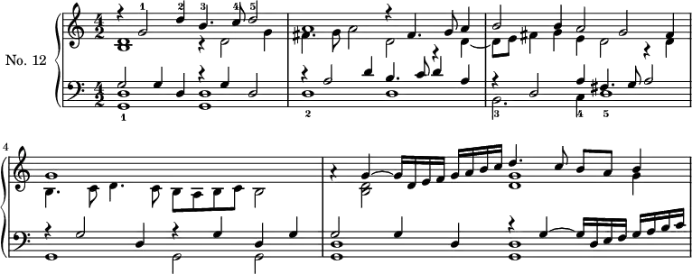 
\version "2.14.2"
\header {
  tagline = ##f
}
upper = \relative c' {
  \clef treble 
  \key a \minor
  \time 4/2
  \tempo 2 = 50
  \autoBeamOff
  \set Staff.midiInstrument = #"harpsichord"

    << { r4 g'2^1 d'4^2 b4.^3 c8^4 d2^5 } \\ { << d,1 b1 >> r4 d2 g4 } >> 
    << { a1 r4 fis4. g8 a4 } \\ { fis4. g8 a2 d, r4 d4~ } >> 
    << { b'2 b4 a2 g fis4 } \\ { d8 e fis4 g e d2 r4 d4 } >> 
    << { g1 } \\ { b,4. c8 d4. c8 b a b c b2 } >> 
   << { a'4\rest g4~ g16 d e f g a b c } \\ { s4 << d,2 b >> } >> 
   << { d'4. c8 b a b4 } \\ { s2 s4 g4 } \\ { << g1 d >> }  >>

}

lower = \relative c {
  \clef bass
  \key a \minor
  \time 4/2
  \set Staff.midiInstrument = #"harpsichord"

    << { g'2 g4 d r4 g4 d2 } \\ { << d1 g,1_1 >> << d'1 g,1 >> } >> 
    << { r4 a'2 d4 b4. c8 d4 a } \\ { d,1_2 d } >> 
    << { r4 d2 a'4 fis4. g8 a2 } \\ { b,2._3 c4_4 d1_5 } >> 
    << { r4 g2 d4 r4 g4 d g } \\ { g,1 g2 g } >> 
    << { g'2 g4 d } \\ { << d1 g,1 >> } >> 
    << { r4 g'4~ g16 d e f g a b c } \\ { << d,1 g,1 >> } >> 
}

\score {
  \new PianoStaff <<
    \set PianoStaff.instrumentName = #"No. 12"
    \new Staff = "upper" \upper
    \new Staff = "lower" \lower
  >>
  \layout {
    \context {
      \Score
      \remove "Metronome_mark_engraver"
    }
  }
  \midi { }
}
