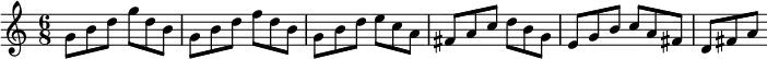\new Staff
\relative c'' {
\time 6/8
g8 b d g d b
g b d f d b
g b d e c a
fis a c d b g
e g b c a fis
d fis a
}