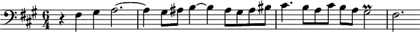
\version "2.18.2"
\header {
  tagline = ##f
}

\score {
  \new Staff \with {

  }
<<
  \relative c {
    \clef bass 
    \key fis \minor
    \time 6/4

     %% SUJET fugue CBT I-14, BWV 859, fa-dièse mineur
      r4 fis4 gis a2.~ a4 gis8 ais b4~ b4 ais8 gis ais bis cis4. b8 a cis b a gis2\prall fis2.

  }
>>
  \layout {
     \context { \Score \remove "Metronome_mark_engraver" 
     %\override SpacingSpanner.common-shortest-duration = #(ly:make-moment 1/2) 
}
  }
  \midi {} 
}
