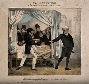 Médecin prescrivant encore 90 sangsues à un malade épuisé