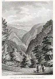 A view from the Devils Bridge, in Cardiganshire (1781, lithographie d'après Samuel Hieronymus Grimm&nbsp;(en), Bibliothèque nationale du pays de Galles).