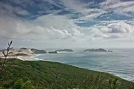 Succession de tombolos du cap Reinga, péninsule d'Aupouri, Nouvelle-Zélande