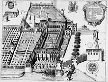 Vue cavalière et en noir et blanc d'une abbaye.