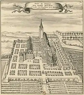 L'abbaye en 1707Louis Boudan, « Vue de l'abbaye Saint-Mesmin de l'ordre des Feuillens près Orléans. », sur Bibliothèque nationale de France, 1707 (consulté le 6 décembre 2009).