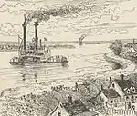Large fleuve, berges consolidées, steamer longeant rive gauche, quelques maisons en contrebas