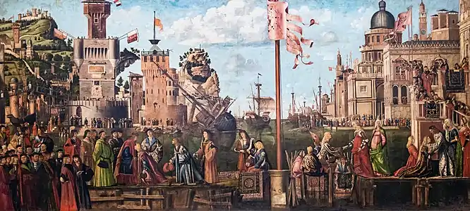 La Rencontre des fiancés et le départ en pèlerinage, d’après l’Histoire de sainte Ursule, 280&nbsp;×&nbsp;611&nbsp;cm, vers 1495, huile sur toile, Gallerie dell'Accademia de Venise.