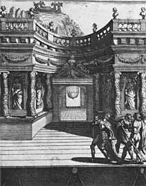Scène de l'Acte V de Le Martyre de Sainte Catherine, pièce de théâtre de Jean Puget de la Serre jouée pour la première fois en 1643 à l'Hôtel de Bourgogne, Jérôme David, 1643, estampe à l'eau-forte, dans Brockett, Oscar G. (1991). History of the Theatre, sixth edition. Boston: Allyn and Bacon.  (ISBN&nbsp;9780205128686) p. 217.