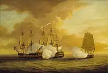 Exemple illustratif d'une bataille entre des bateaux corsaires (ici un navire corsaire français le Du Teillay et l'Elisabeth qui s'opposent au HMS Lion au 18e&nbsp;siècle)