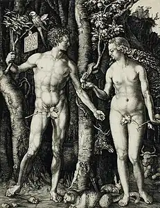 Adam et Ève, 1504, 24,92&nbsp;×&nbsp;19,21&nbsp;cm, Musée d'Art du comté de Los Angeles.