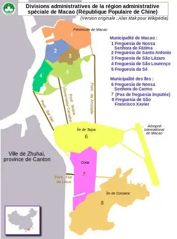 Carte numérotée des freguesias de Macao.