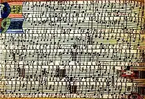 Dessin multicolore rectangulaire, suite de portées musicales avec des notes et symboles musicaux