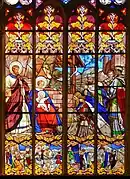 Vitrail de la chapelle St Joseph représentant l'Adoration des mages ainsi que les étapes précédant et suivant leur arrivée à Bethléem (XIXe&nbsp;siècle).