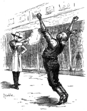 En deuxième plan, un homme élégant, raide, tire au revolver sur le vieillard du premier plan.