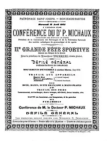 Affiche noir et blanc de la conférence du Dr&nbsp;P. Michaux à l’occasion de la 2e&nbsp;grande fête sportive donnée au cirque de la Grave.
