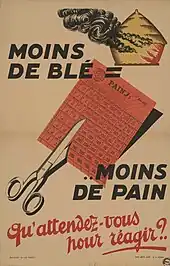 Affiche montrant une meule qui brûle et une feuille de tickets de rationnement découpée par des ciseaux. Slogan : moins de blé = moins de pain, qu'attendez-vous pour réagir ?