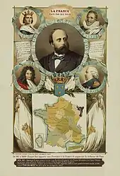 Affiche représentant le prétendant au trône de France, entouré des portraits de Louis IX, Henri IV, Louis XIV et Louis XVIII, avec une carte de France.