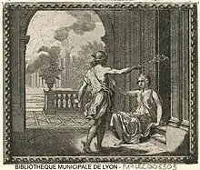 Aglaure transformée en rocher par Mercure, gravure de Sébastien Leclerc publiée dans les Métamorphoses d'Ovide en rondeaux en 1676.