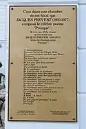 Plaque du passage de Jacques Prévert