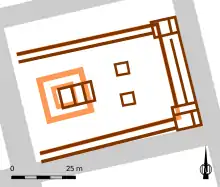 Plan en couleurs d'un édifice antique.