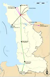 Carte en couleurs schématisant le tracé de voies anciennes reportées sur un fond moderne.