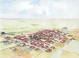 Aquarelle en couleurs représentant une ville due du ciel.