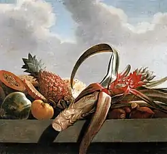 Nature morte avec ananas, papaye et autres fruits.