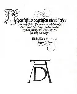 Page du titre de Vier Bücher von menschlicher Proportion avec la signature du monogramme de l’artiste