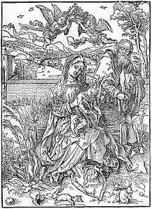 La Sainte Famille avec trois lièvres, 1498, 395&nbsp;×&nbsp;285&nbsp;mm, gravure sur bois.