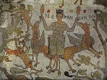 L'« ascension d'Alexandre » tiré par deux griffons, XIe&nbsp;siècle,cathédrale d'Otrante.