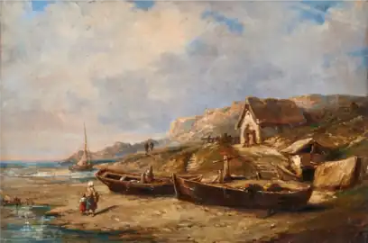 Marine avec personnages et bateaux.