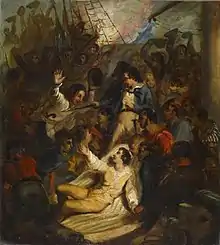 Tableau montrant le combat qui animait la Chesapeake lors de l'abordage qu'il subit. Le capitaine Lawrence est au centre, dans une zone lumineuse, mortellement blessé et donnant son dernier ordre. Autour de lui, dans une zone moins éclairée, le combat fait rage.