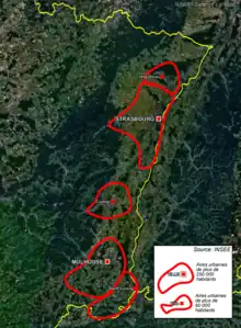 Les zones urbaines alsaciennes mises en évidence sur une image satellite.