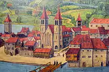 Ancien dessin en couleurs représentant plusieurs édifices.