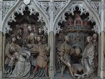 Le martyre et la mort de saint Jean-Baptiste. À droite, la décollation de Jean-Baptiste. À gauche Salomé, fille d'Hérodiade reçoit la tête du saint sur un plateau.