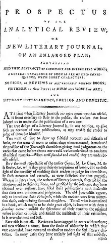 Traduction de l'entête du prospectus "Prospectus de l' "Analytical Review", ou "New Literary Journal", montré agrandi; Contenant des résumés scientifiques de travaux importants et intéressants…"