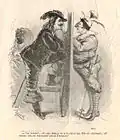 « Vot' femme?... ah! oui, mais je ne m'en plains pas. Elle est charmante, vot' femme, elle est charmante ! Parole d'honneur ! » Dessin d'Edward Ancourt illustrant les bals masqués du Carnaval de Paris, extrait du Journal Amusant, numéro 737, 12 février 1870.