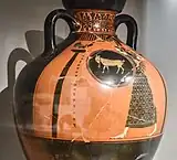 Détail de l'amphore panathénaïque, avec Athéna armée.