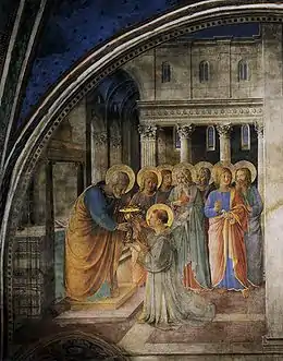 Fresque de la chapelle Nicoline réalisée par Fra Angelico : L'ordination de saint Étienne comme diacre par l'apôtre Pierre.