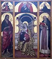 Madone à l’Enfant en Trône entre saint Jean-Baptiste et saint Antoine-abbé, XV°s.