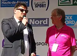 Frédéric Delannoy avec Daniel Mangeas lors de l'arrivée de la 2e&nbsp;étape des Quatre jours de Dunkerque 2016 à Aniche.