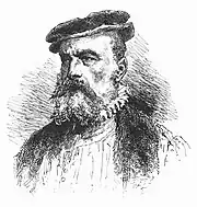 Gravure en noir et blanc, portrait en buste d'un homme barbu portant chapeau et fraise d'époque.