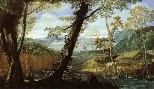 Paysage avec rivière, Annibale Carracci 1590. H. 89 cm. National Gallery of Art.